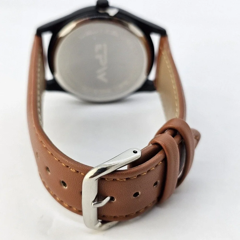 Field Men's Watch 42MM Easy Read Black Dial Black Case Brown Leather Band Straps